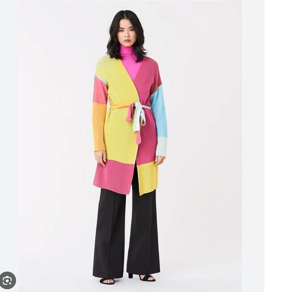 In Charge Color Block Cardigan Duster‎ Open Front Knit Belted Colorful - Picture 1 of 6
